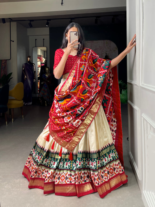 Women's Tusser Silk Floral Print Lehenga Choli with Foil Work & Gotta Patti Dupatta
