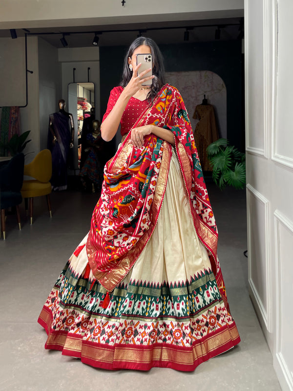Women's Tusser Silk Floral Print Lehenga Choli with Foil Work & Gotta Patti Dupatta