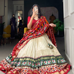 Women's Tusser Silk Floral Print Lehenga Choli with Foil Work & Gotta Patti Dupatta