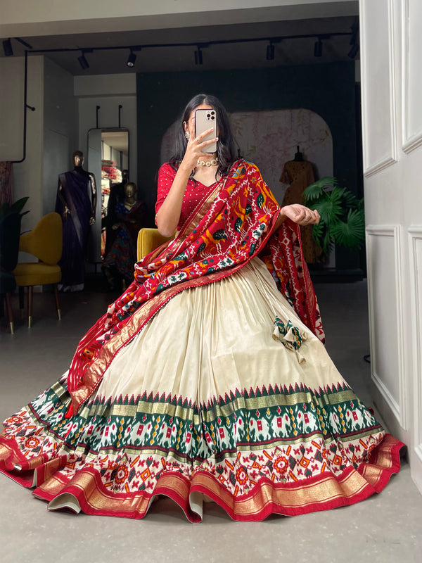 Women's Tusser Silk Floral Print Lehenga Choli with Foil Work & Gotta Patti Dupatta