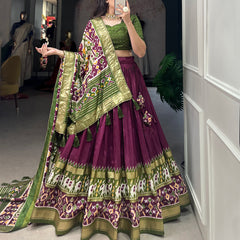 Women's Tusser Silk Floral Print Lehenga Choli with Foil Work & Gotta Patti Dupatta