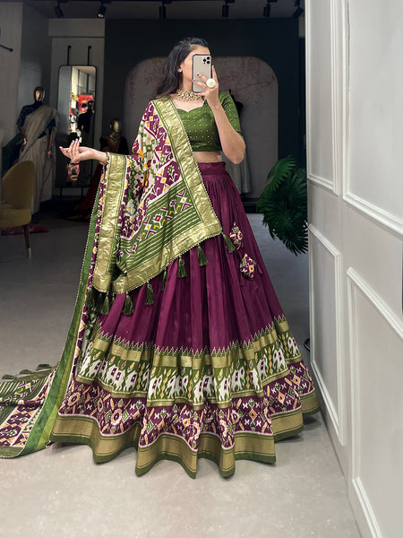 Women's Tusser Silk Floral Print Lehenga Choli with Foil Work & Gotta Patti Dupatta