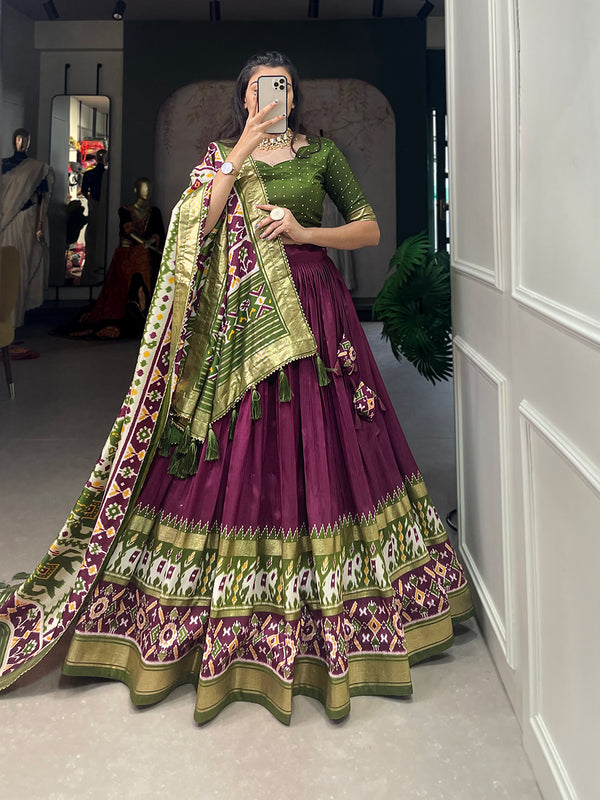 Women's Tusser Silk Floral Print Lehenga Choli with Foil Work & Gotta Patti Dupatta