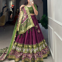 Women's Tusser Silk Floral Print Lehenga Choli with Foil Work & Gotta Patti Dupatta