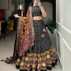 Women's Tusser Silk Floral Print Lehenga Choli with Foil Work & Gotta Patti Dupatta