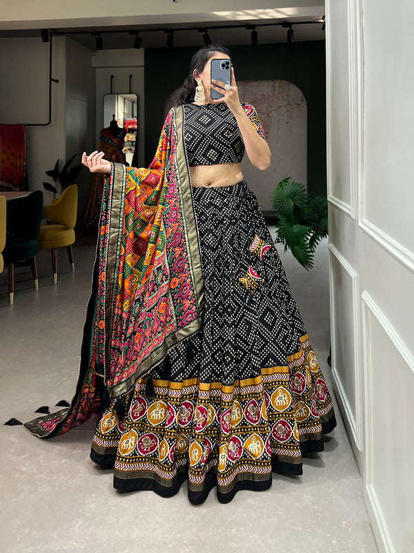 Women's Tusser Silk Floral Print Lehenga Choli with Foil Work & Gotta Patti Dupatta