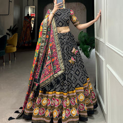 Women's Tusser Silk Floral Print Lehenga Choli with Foil Work & Gotta Patti Dupatta