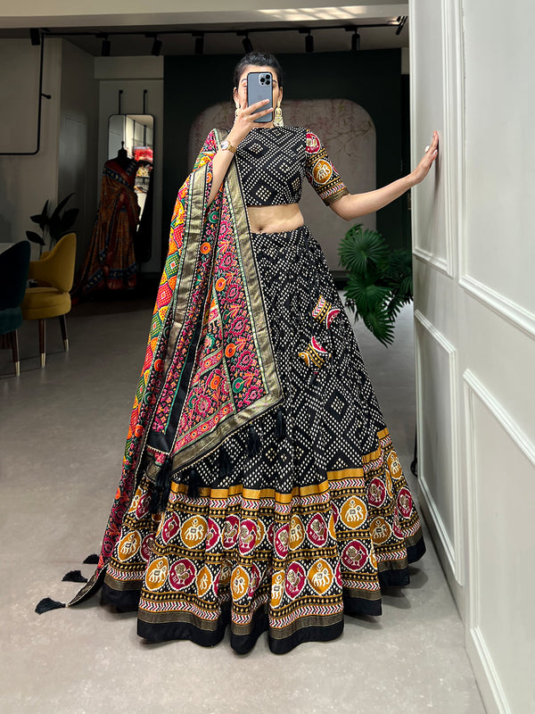 Women's Tusser Silk Floral Print Lehenga Choli with Foil Work & Gotta Patti Dupatta
