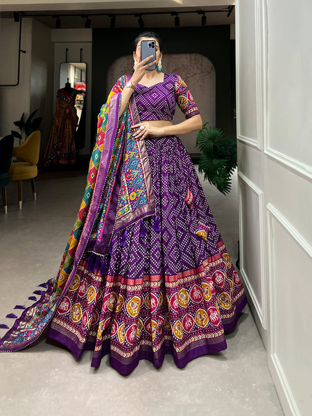 Women's Tusser Silk Floral Print Lehenga Choli with Foil Work & Gotta Patti Dupatta