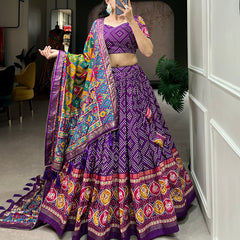 Women's Tusser Silk Floral Print Lehenga Choli with Foil Work & Gotta Patti Dupatta