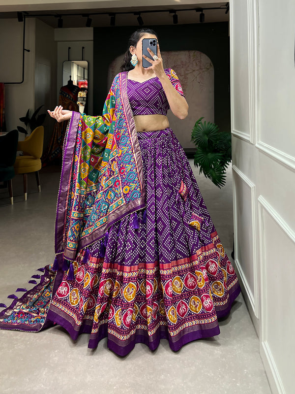 Women's Tusser Silk Floral Print Lehenga Choli with Foil Work & Gotta Patti Dupatta