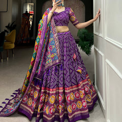 Women's Tusser Silk Floral Print Lehenga Choli with Foil Work & Gotta Patti Dupatta