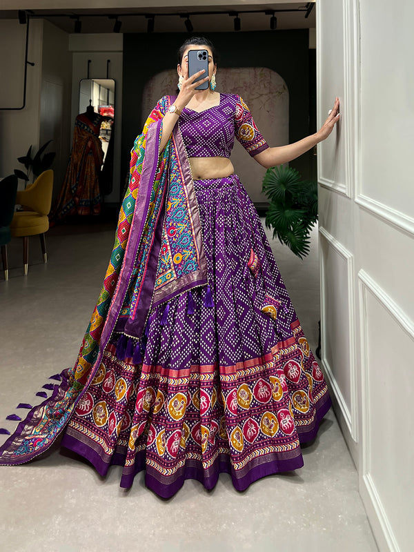 Women's Tusser Silk Floral Print Lehenga Choli with Foil Work & Gotta Patti Dupatta