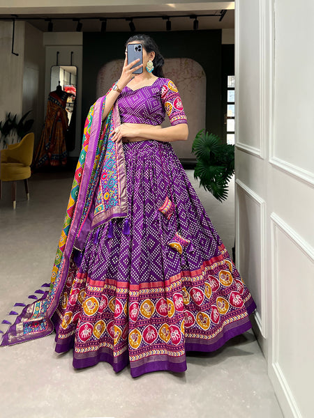 Women's Tusser Silk Floral Print Lehenga Choli with Foil Work & Gotta Patti Dupatta