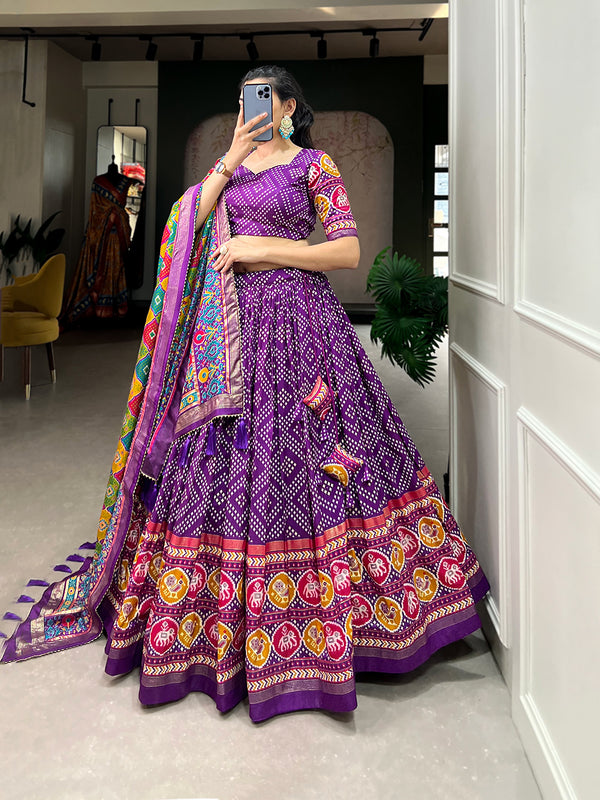 Women's Tusser Silk Floral Print Lehenga Choli with Foil Work & Gotta Patti Dupatta