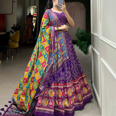 Women's Tusser Silk Floral Print Lehenga Choli with Foil Work & Gotta Patti Dupatta