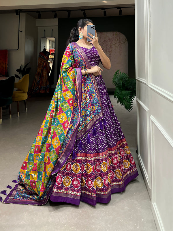Women's Tusser Silk Floral Print Lehenga Choli with Foil Work & Gotta Patti Dupatta