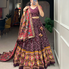 Women's Tusser Silk Floral Print Lehenga Choli with Foil Work & Gotta Patti Dupatta
