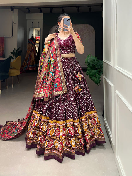 Women's Tusser Silk Floral Print Lehenga Choli with Foil Work & Gotta Patti Dupatta