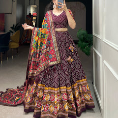 Women's Tusser Silk Floral Print Lehenga Choli with Foil Work & Gotta Patti Dupatta