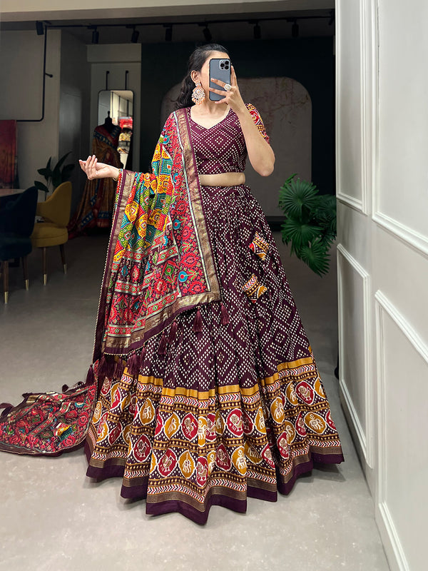Women's Tusser Silk Floral Print Lehenga Choli with Foil Work & Gotta Patti Dupatta