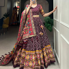 Women's Tusser Silk Floral Print Lehenga Choli with Foil Work & Gotta Patti Dupatta