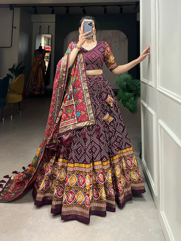 Women's Tusser Silk Floral Print Lehenga Choli with Foil Work & Gotta Patti Dupatta