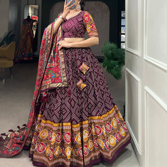 Women's Tusser Silk Floral Print Lehenga Choli with Foil Work & Gotta Patti Dupatta