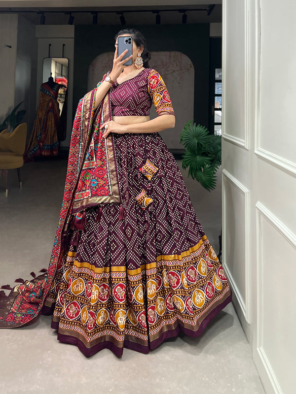 Women's Tusser Silk Floral Print Lehenga Choli with Foil Work & Gotta Patti Dupatta