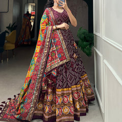 Women's Tusser Silk Floral Print Lehenga Choli with Foil Work & Gotta Patti Dupatta