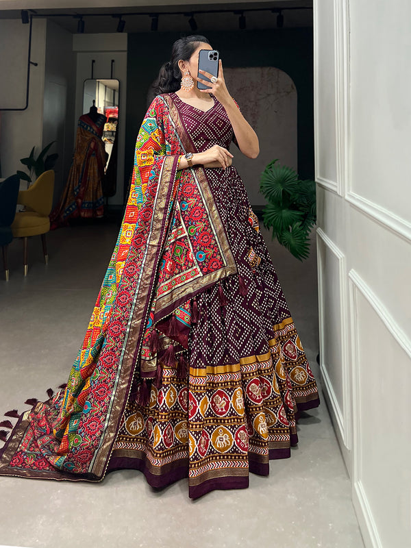 Women's Tusser Silk Floral Print Lehenga Choli with Foil Work & Gotta Patti Dupatta