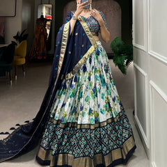 Women's Tusser Silk Floral Print Lehenga Choli with Foil Work & Gotta Patti Dupatta