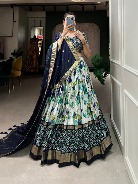 Women's Tusser Silk Floral Print Lehenga Choli with Foil Work & Gotta Patti Dupatta