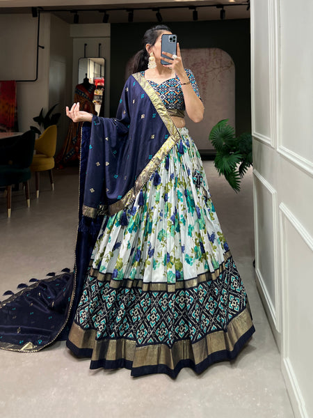Women's Tusser Silk Floral Print Lehenga Choli with Foil Work & Gotta Patti Dupatta