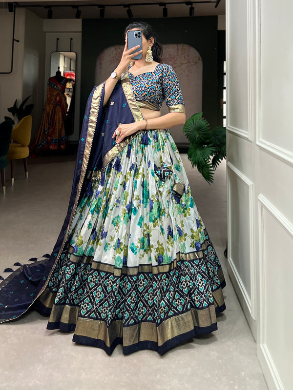 Women's Tusser Silk Floral Print Lehenga Choli with Foil Work & Gotta Patti Dupatta