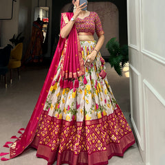 Women's Tusser Silk Floral Print Lehenga Choli with Foil Work & Gotta Patti Dupatta