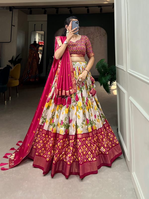 Women's Tusser Silk Floral Print Lehenga Choli with Foil Work & Gotta Patti Dupatta