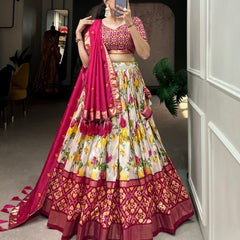 Women's Tusser Silk Floral Print Lehenga Choli with Foil Work & Gotta Patti Dupatta