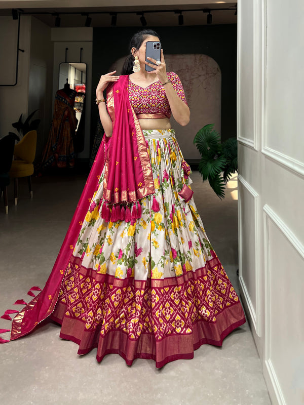 Women's Tusser Silk Floral Print Lehenga Choli with Foil Work & Gotta Patti Dupatta