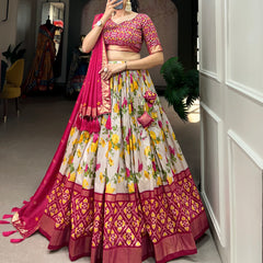Women's Tusser Silk Floral Print Lehenga Choli with Foil Work & Gotta Patti Dupatta