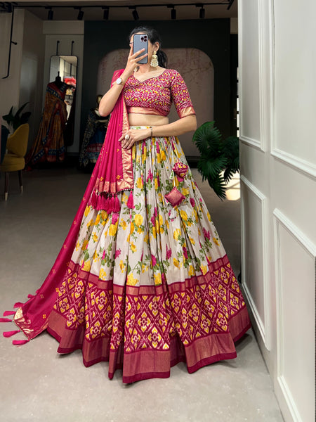 Women's Tusser Silk Floral Print Lehenga Choli with Foil Work & Gotta Patti Dupatta