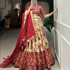 Women's Tusser Silk Floral Print Lehenga Choli with Foil Work & Gotta Patti Dupatta