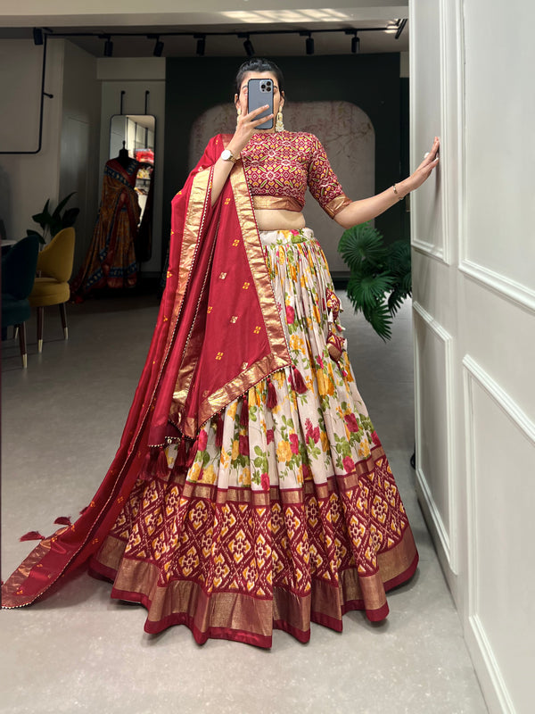 Women's Tusser Silk Floral Print Lehenga Choli with Foil Work & Gotta Patti Dupatta