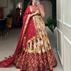 Women's Tusser Silk Floral Print Lehenga Choli with Foil Work & Gotta Patti Dupatta