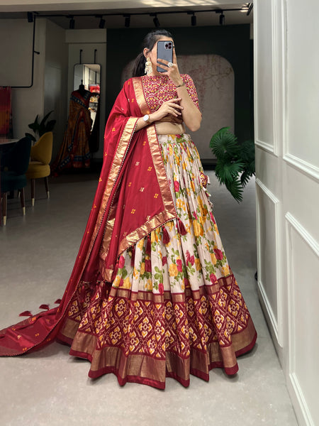 Women's Tusser Silk Floral Print Lehenga Choli with Foil Work & Gotta Patti Dupatta