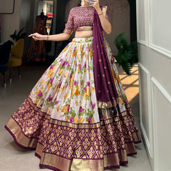 Women's Tusser Silk Floral Print Lehenga Choli with Foil Work & Gotta Patti Dupatta