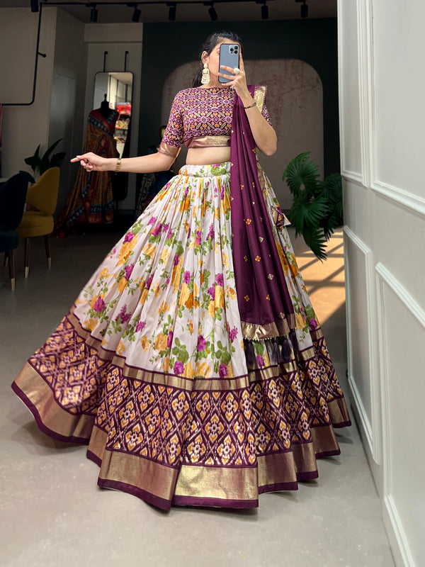 Women's Tusser Silk Floral Print Lehenga Choli with Foil Work & Gotta Patti Dupatta