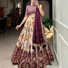 Women's Tusser Silk Floral Print Lehenga Choli with Foil Work & Gotta Patti Dupatta