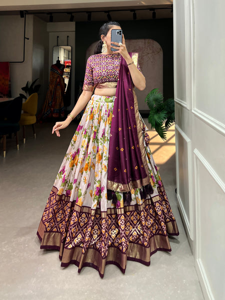 Women's Tusser Silk Floral Print Lehenga Choli with Foil Work & Gotta Patti Dupatta