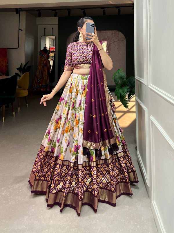 Women's Tusser Silk Floral Print Lehenga Choli with Foil Work & Gotta Patti Dupatta